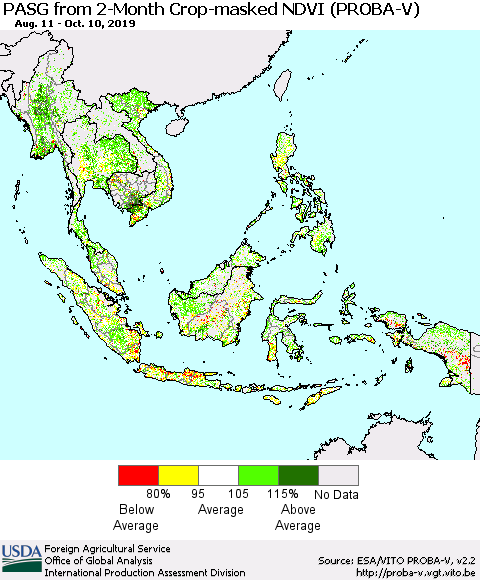South East Asia PASG from 2-Month Crop-masked NDVI (PROBA-V) Thematic Map For 10/1/2019 - 10/10/2019