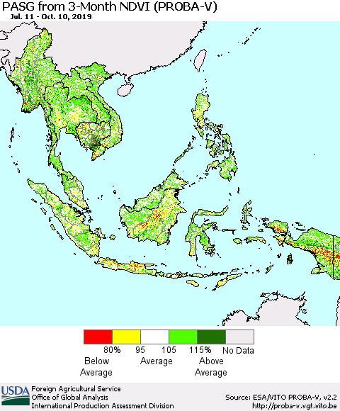 South East Asia PASG from 3-Month NDVI (PROBA-V) Thematic Map For 10/1/2019 - 10/10/2019