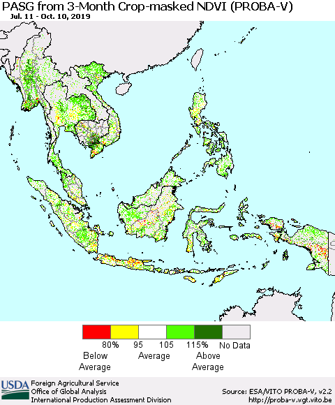 South East Asia PASG from 3-Month Crop-masked NDVI (PROBA-V) Thematic Map For 10/1/2019 - 10/10/2019