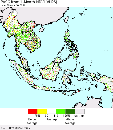 South East Asia PASG from 1-Month NDVI (VIIRS) Thematic Map For 4/23/2021 - 4/30/2021