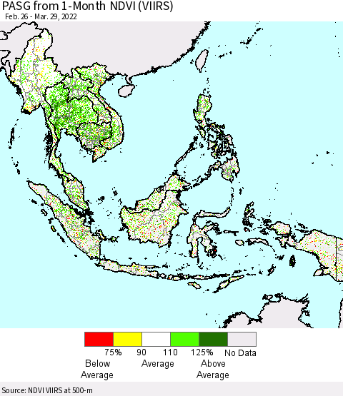 South East Asia PASG from 1-Month NDVI (VIIRS) Thematic Map For 3/22/2022 - 3/29/2022