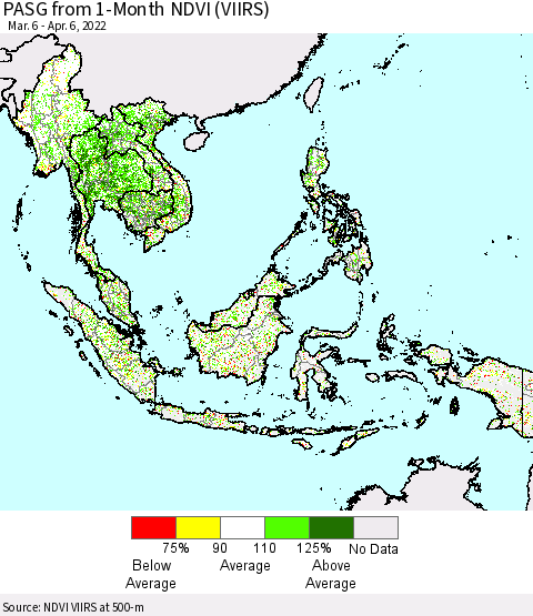 South East Asia PASG from 1-Month NDVI (VIIRS) Thematic Map For 3/30/2022 - 4/6/2022