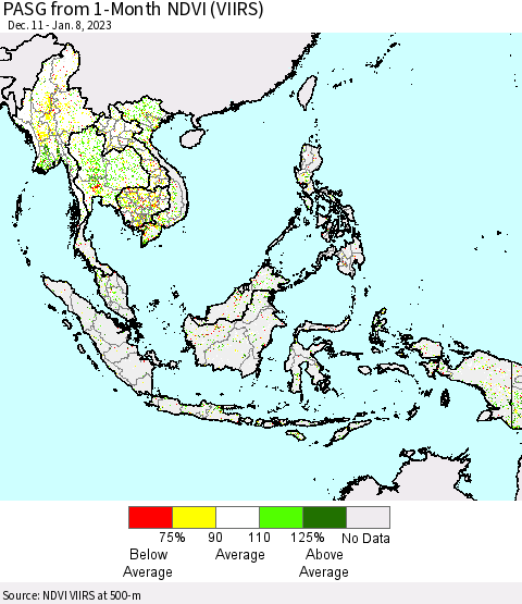 South East Asia PASG from 1-Month NDVI (VIIRS) Thematic Map For 1/1/2023 - 1/8/2023