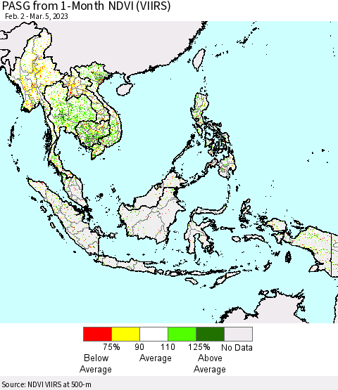 South East Asia PASG from 1-Month NDVI (VIIRS) Thematic Map For 2/26/2023 - 3/5/2023