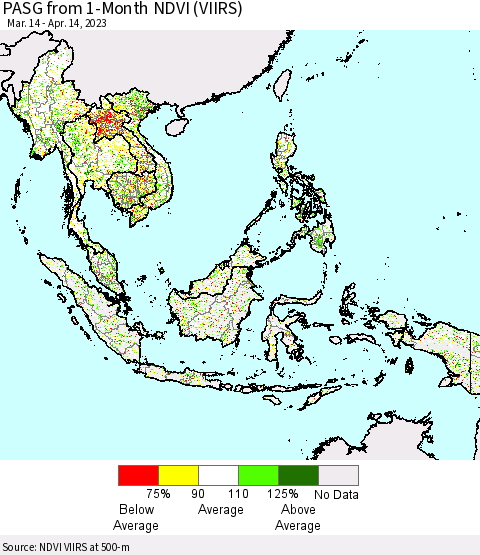 South East Asia PASG from 1-Month NDVI (VIIRS) Thematic Map For 4/7/2023 - 4/14/2023