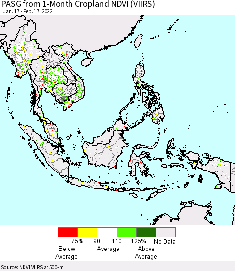 South East Asia PASG from 1-Month Cropland NDVI (VIIRS) Thematic Map For 2/10/2022 - 2/17/2022