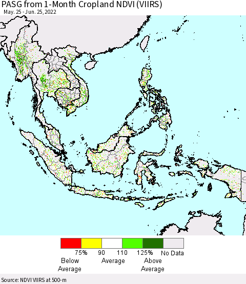 South East Asia PASG from 1-Month Cropland NDVI (VIIRS) Thematic Map For 6/18/2022 - 6/25/2022