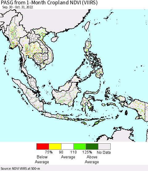 South East Asia PASG from 1-Month Cropland NDVI (VIIRS) Thematic Map For 10/24/2022 - 10/31/2022