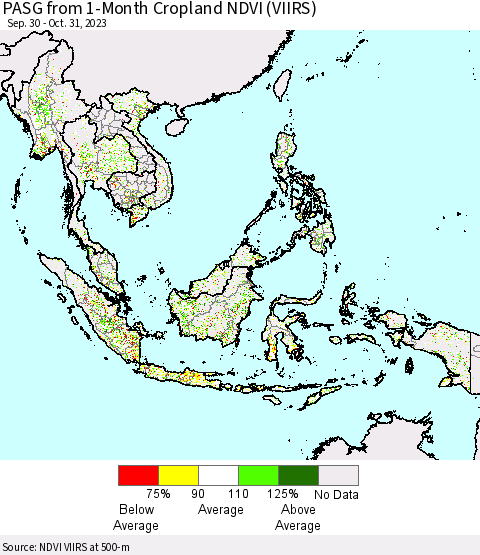 South East Asia PASG from 1-Month Cropland NDVI (VIIRS) Thematic Map For 10/24/2023 - 10/31/2023