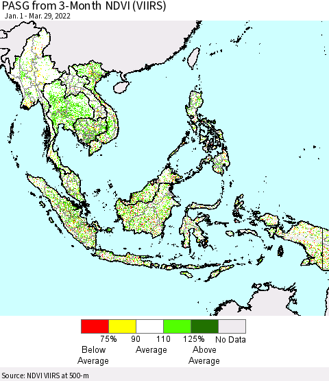 South East Asia PASG from 3-Month NDVI (VIIRS) Thematic Map For 3/22/2022 - 3/29/2022