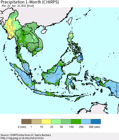 South East Asia Precipitation 1-Month (CHIRPS) Thematic Map For 3/26/2021 - 4/25/2021