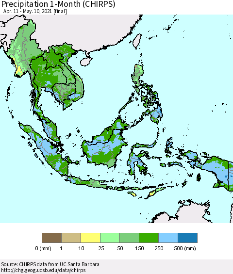 South East Asia Precipitation 1-Month (CHIRPS) Thematic Map For 4/11/2021 - 5/10/2021