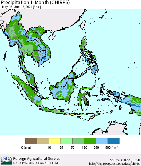 South East Asia Precipitation 1-Month (CHIRPS) Thematic Map For 5/16/2021 - 6/15/2021