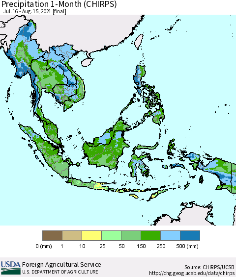 South East Asia Precipitation 1-Month (CHIRPS) Thematic Map For 7/16/2021 - 8/15/2021