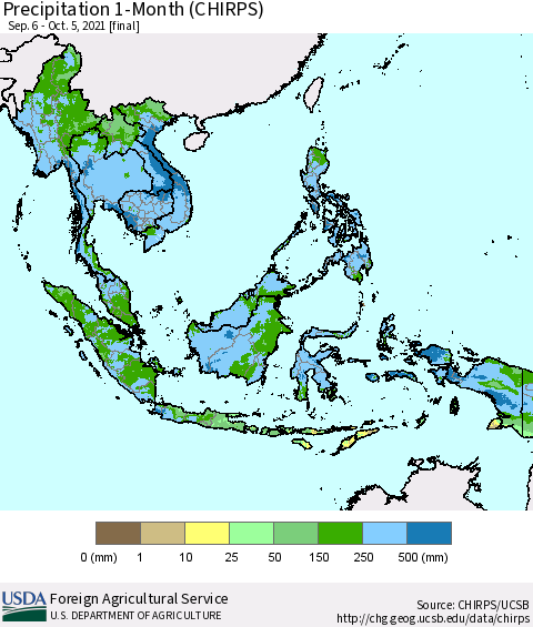 South East Asia Precipitation 1-Month (CHIRPS) Thematic Map For 9/6/2021 - 10/5/2021