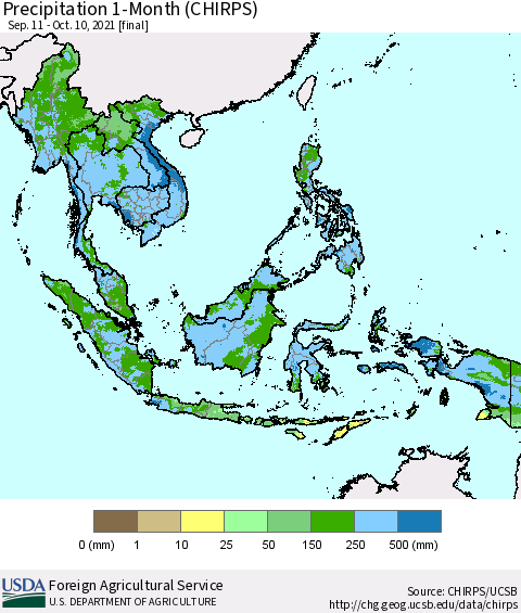 South East Asia Precipitation 1-Month (CHIRPS) Thematic Map For 9/11/2021 - 10/10/2021