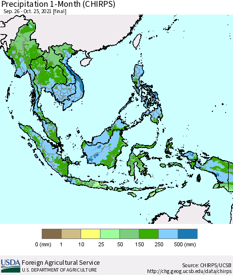 South East Asia Precipitation 1-Month (CHIRPS) Thematic Map For 9/26/2021 - 10/25/2021