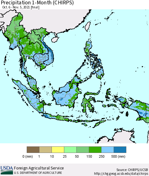 South East Asia Precipitation 1-Month (CHIRPS) Thematic Map For 10/6/2021 - 11/5/2021