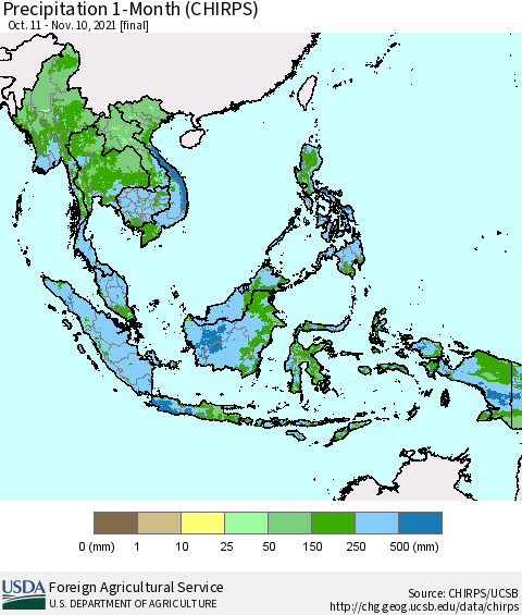 South East Asia Precipitation 1-Month (CHIRPS) Thematic Map For 10/11/2021 - 11/10/2021