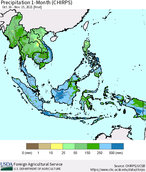 South East Asia Precipitation 1-Month (CHIRPS) Thematic Map For 10/16/2021 - 11/15/2021