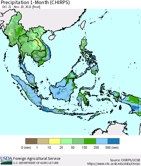 South East Asia Precipitation 1-Month (CHIRPS) Thematic Map For 10/21/2021 - 11/20/2021