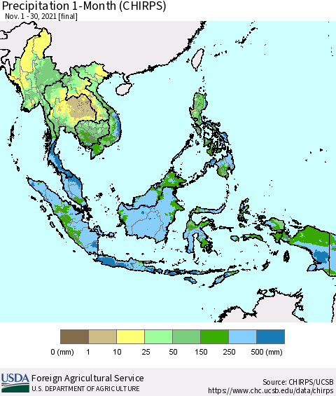 South East Asia Precipitation 1-Month (CHIRPS) Thematic Map For 11/1/2021 - 11/30/2021
