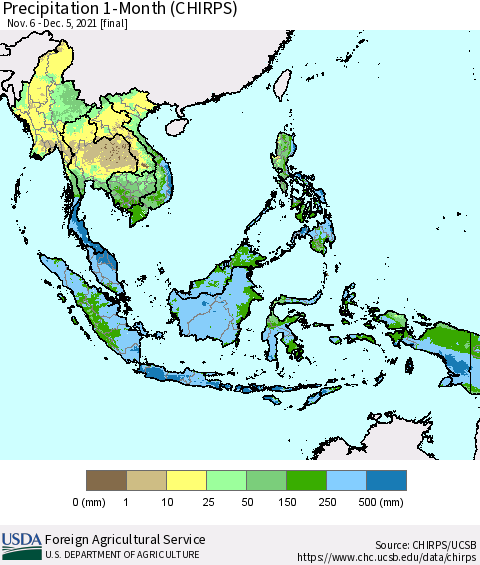 South East Asia Precipitation 1-Month (CHIRPS) Thematic Map For 11/6/2021 - 12/5/2021