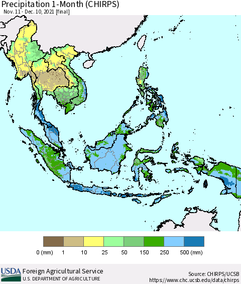 South East Asia Precipitation 1-Month (CHIRPS) Thematic Map For 11/11/2021 - 12/10/2021