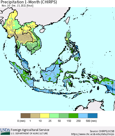 South East Asia Precipitation 1-Month (CHIRPS) Thematic Map For 11/16/2021 - 12/15/2021