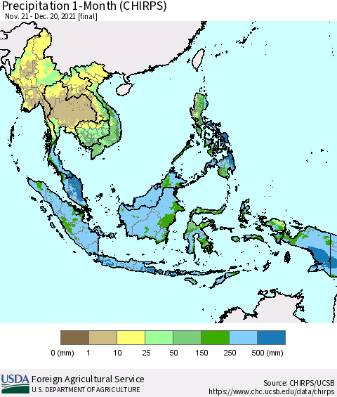 South East Asia Precipitation 1-Month (CHIRPS) Thematic Map For 11/21/2021 - 12/20/2021