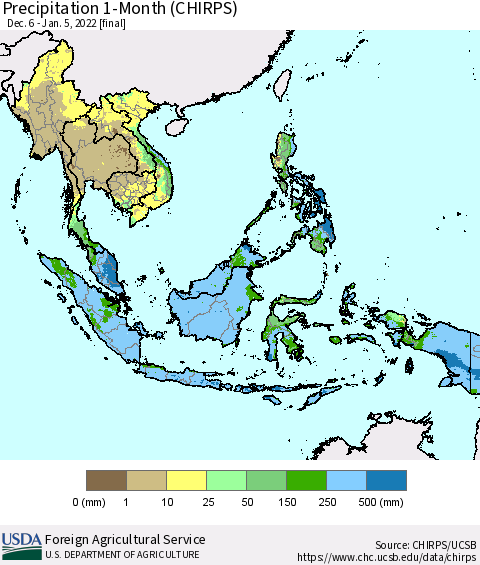 South East Asia Precipitation 1-Month (CHIRPS) Thematic Map For 12/6/2021 - 1/5/2022