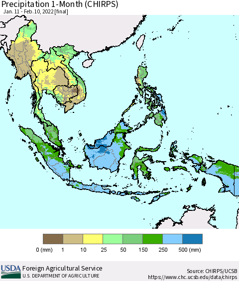South East Asia Precipitation 1-Month (CHIRPS) Thematic Map For 1/11/2022 - 2/10/2022