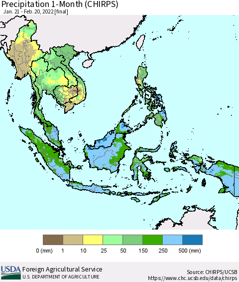 South East Asia Precipitation 1-Month (CHIRPS) Thematic Map For 1/21/2022 - 2/20/2022