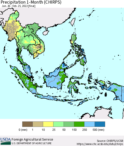 South East Asia Precipitation 1-Month (CHIRPS) Thematic Map For 1/26/2022 - 2/25/2022