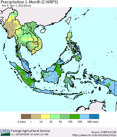 South East Asia Precipitation 1-Month (CHIRPS) Thematic Map For 2/6/2022 - 3/5/2022