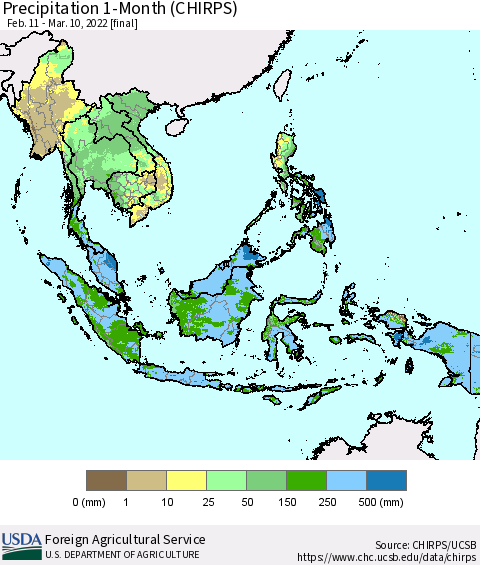 South East Asia Precipitation 1-Month (CHIRPS) Thematic Map For 2/11/2022 - 3/10/2022