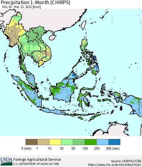South East Asia Precipitation 1-Month (CHIRPS) Thematic Map For 2/16/2022 - 3/15/2022