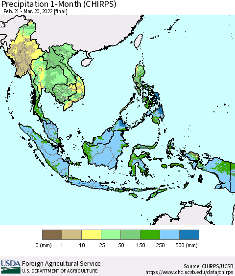 South East Asia Precipitation 1-Month (CHIRPS) Thematic Map For 2/21/2022 - 3/20/2022