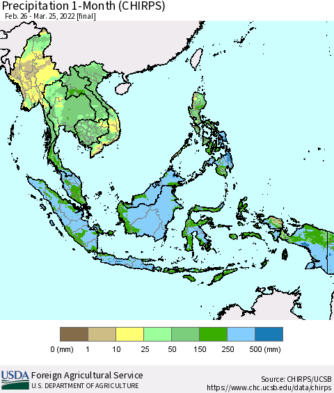 South East Asia Precipitation 1-Month (CHIRPS) Thematic Map For 2/26/2022 - 3/25/2022