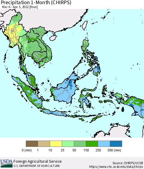 South East Asia Precipitation 1-Month (CHIRPS) Thematic Map For 3/6/2022 - 4/5/2022