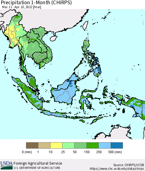 South East Asia Precipitation 1-Month (CHIRPS) Thematic Map For 3/11/2022 - 4/10/2022