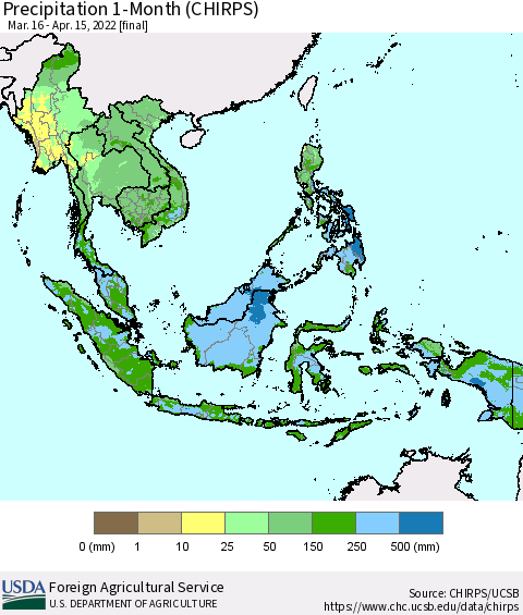 South East Asia Precipitation 1-Month (CHIRPS) Thematic Map For 3/16/2022 - 4/15/2022