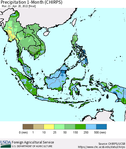 South East Asia Precipitation 1-Month (CHIRPS) Thematic Map For 3/21/2022 - 4/20/2022