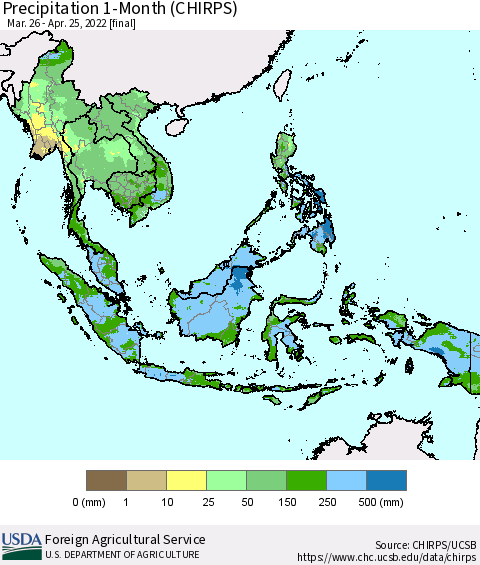 South East Asia Precipitation 1-Month (CHIRPS) Thematic Map For 3/26/2022 - 4/25/2022