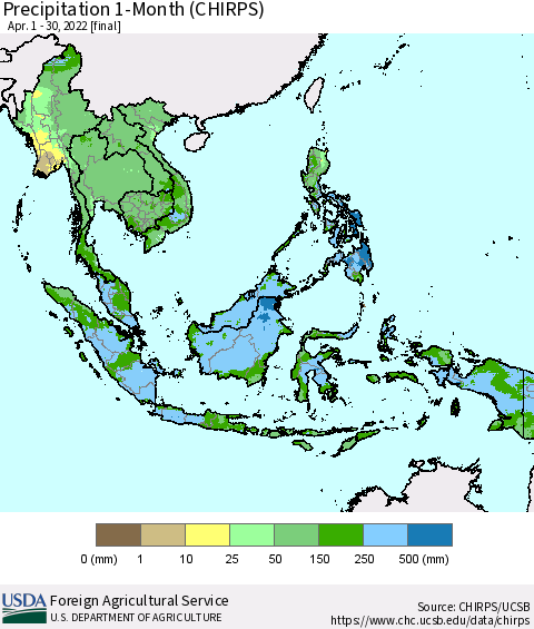 South East Asia Precipitation 1-Month (CHIRPS) Thematic Map For 4/1/2022 - 4/30/2022
