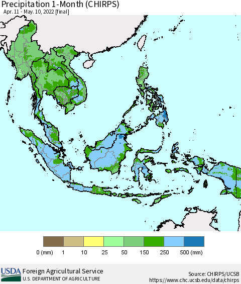 South East Asia Precipitation 1-Month (CHIRPS) Thematic Map For 4/11/2022 - 5/10/2022
