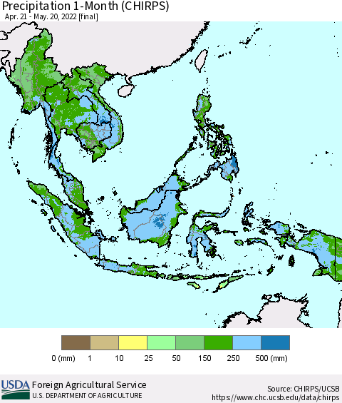 South East Asia Precipitation 1-Month (CHIRPS) Thematic Map For 4/21/2022 - 5/20/2022