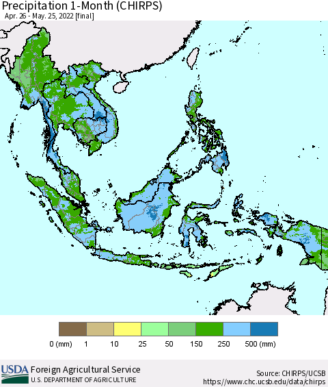 South East Asia Precipitation 1-Month (CHIRPS) Thematic Map For 4/26/2022 - 5/25/2022