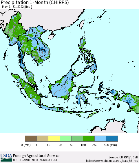 South East Asia Precipitation 1-Month (CHIRPS) Thematic Map For 5/1/2022 - 5/31/2022