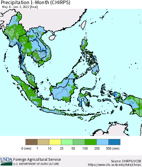 South East Asia Precipitation 1-Month (CHIRPS) Thematic Map For 5/6/2022 - 6/5/2022